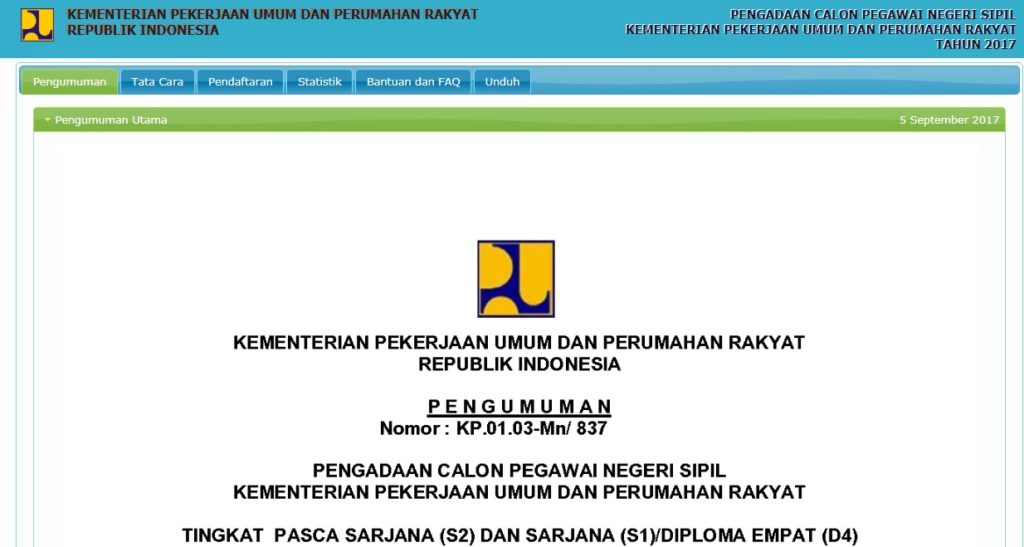 Pengumuman Daftar Nama Lulus Seleksi Administrasi CPNS Pekerjaan Umum PUPR